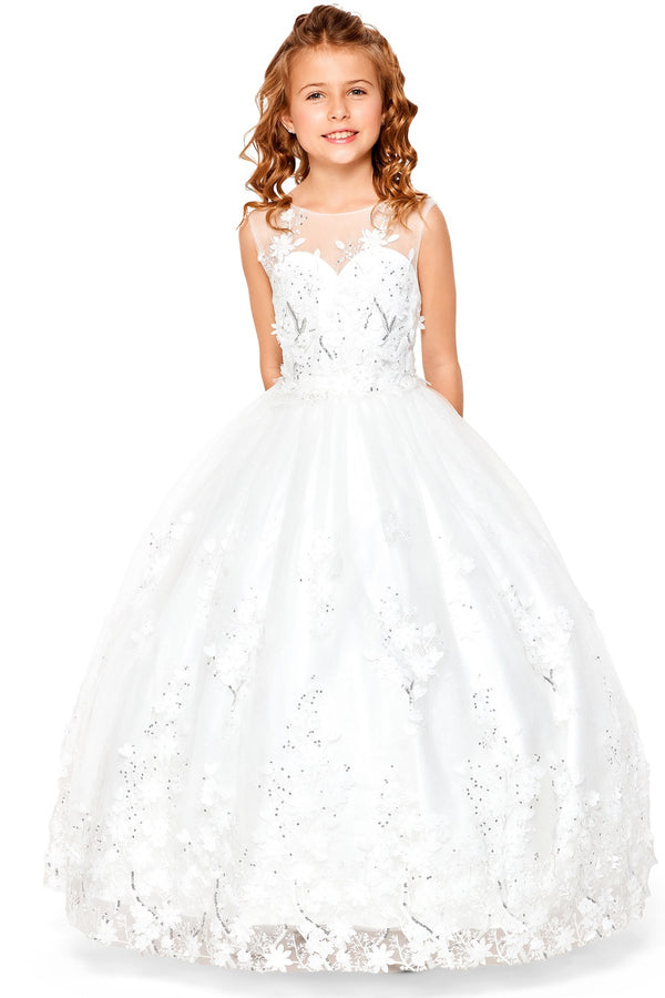 Little Girls Off White 3D Floral Applique Lace Sequin Flower Girl Dress 2-6